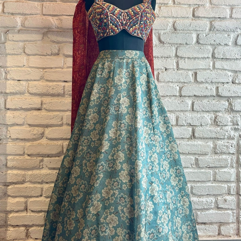 Colorful Floral Bustier and Teal Skirt Set